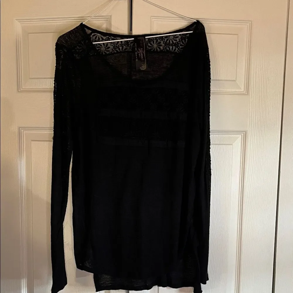 Free People New Romantics Black Sheer Long Sleeve Top Lace Inset Size Small